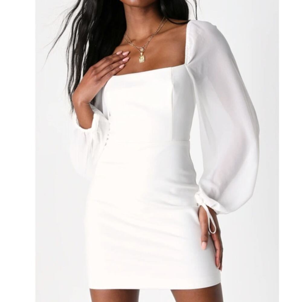 NEW Lulus Delightful Love White Lace-Up Balloon Semi-Sheer Sleeve Mini Dress